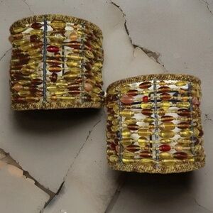 Set of 2 PIER ONE Wall Sconces Boho Decor 4" Orange Gold Brown Glass Beaded Wire